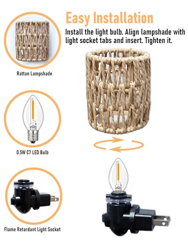 Image of Boho Plug in Night Light with Switch, 2-Pack Farmhouse LED Night Lights Plug into Wall Socket, 0.5W Baby Nursery Nightlight with Bohemian Rattan Lamp Shade for Adult Kids Room Bathroom Hallway