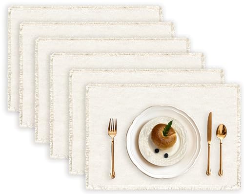 MRS WOODS EVENTS 100% Cotton Placemats Set of 6, 13 x 19 Inch Woven Cloth Placemats Boho Rectangular Washable Placemat Linen Fabric Heat Resistant Place Mats for Kitchen and Dining Tables, Beige