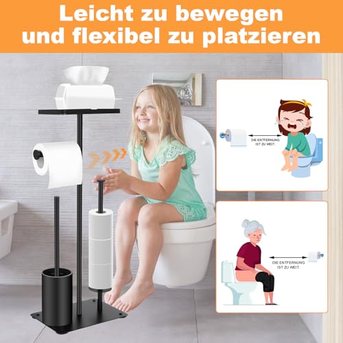 Toilettenpapierhalter Stehend & WC-Bürstengarnitur - Rostfreier Metallständer mit Einfacher Montage, Platzsparende Klopapierhalter & Bürstenhalter Kombi (Schwarz Matt)