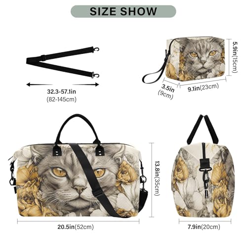 Large Travel Duffel Bag Toyger Cat Flower Cute Sports Tote Gym Bags, Shoulder Weekender Overnight Bags for Women Men, Carry On Luggage with Toiletry Bag3