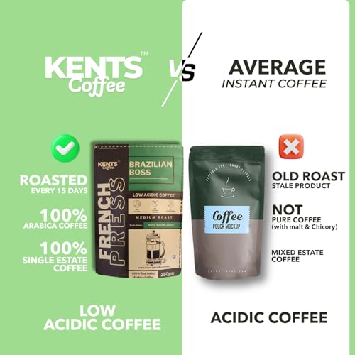 Image of Kents Coffee Brazilian Boss - MEDIUM ROAST Ground Coffee| LOW ACIDIC COFFEE | French Press Course Grind | Nutty, Smooth, Chocolate Notes | 100% Arabica Powder | Chikamangalur Single Estate Speciality Pouch | Hot & Cold Brew | Gut Friendly | Freshly Roasted Everytime (200Gm)