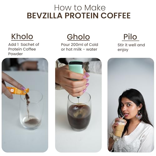Image of Bevzilla Everyday Protein Instant Coffee Powder |280 GM(28x10g) | 5g Protein Each | Arabica Coffee | No Added Sugar | Hot & Cold Coffee Premix for Energy & Fitness
