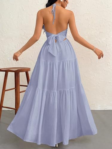 Image of Narecte Women's Maxi Summer Dresses Halter V Neck Beach Dresses for Women A-Line Casual Dress for Vacation