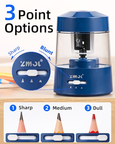 ZMOL Electric Pencil Sharpener Battery Operated Power Kids for Colored & Jumbo Pencils No.2/(6-12mm) Safe & Easy Use Plug in Portable with (AC Adapter,USB, Battery) for Classroom/Office/Home Dark Blue - Image 3