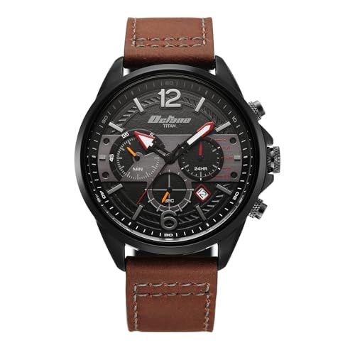Image of Titan Octane Cred Analog with Black Dial Brown Leather Strap Watch for Men - 90238KL03