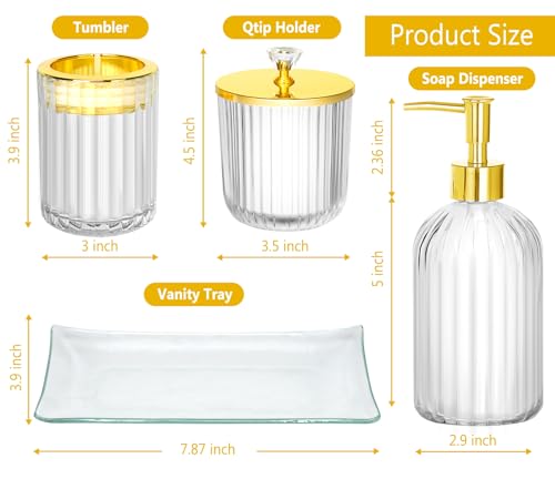 Bathroom Accessories Set, 4Pcs Clear and Gold Glass Bathroom Accessories Sets Complete w/Lotion Soap Dispenser, Toothbrush Holder, Apothecary Jar, Vanity Tray, Bathroom Decor