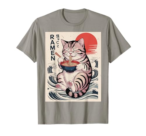 Kawaii Tabby Fat Cat Eating Ramen Anime Noodle Toddler Daddy T-Shirt
