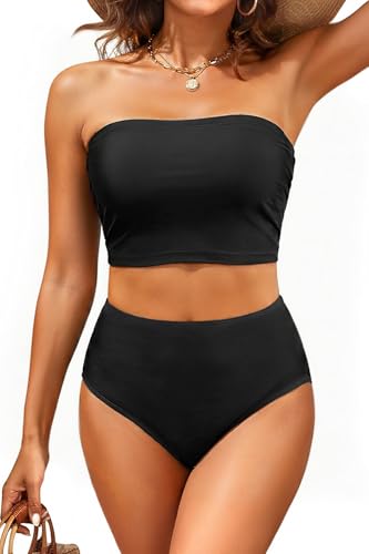 Tempt Me Women Black Bandeau Bikini Set Strapless High...