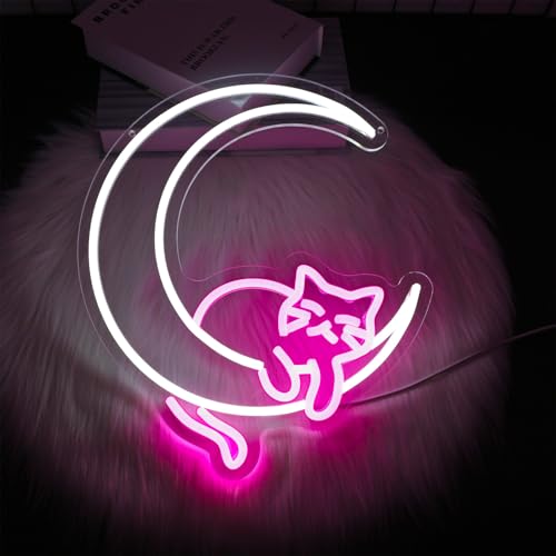 Image of Pink&White Neon Sign Led Neon Lights Signs for Wall Decor USB Powered Led Signs for Room Decoration-Moon Cat