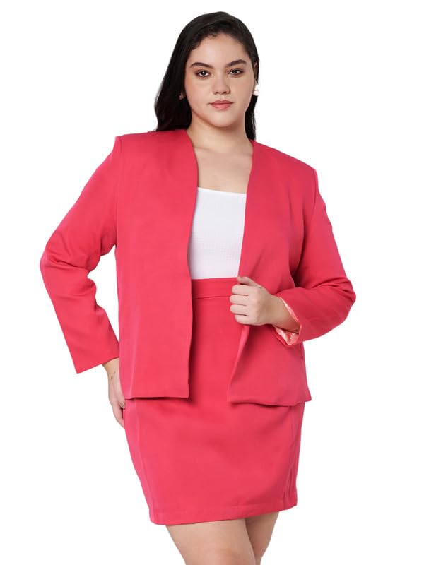 Plus Size Collerless Blazer with Skirt Suit Set(Red)
