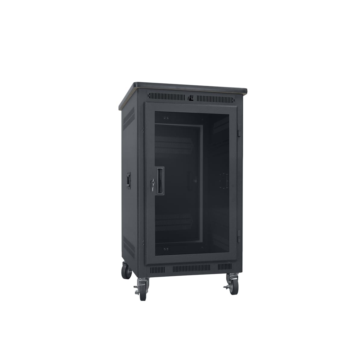 Lowell LPR-1422PGT LPR Series 14U x 22 Inches D Portable AV Rack with Plexiglass Door, Laminate Top, Black; Solid Steel Top Plus Premium Laminate Overhanging Top; Smoked Plexiglass Front Door