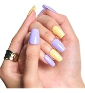 GLAMERMAID Press on Nails Coffin,Handmade Short Coffin False Nails with Design,24Pcs Purple& Yell...