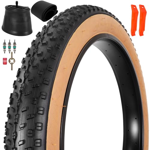 RUHUO 26x4.0 Fetter Reifen und Schlauch, pannensicherer Faltrad-Reifensatz 102-559 Kompatibel mit E-Bike Mountainbike MTB Fahrrad All-Terrain Richtungsprofil Seitenwände in Hautfarbe 33TPI