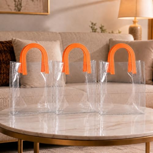 Image of SATYAM KRAFT 6 Pcs Transparent Reusable Leather Goodie Bags | Elegant Gift Bags for Her /Him Wedding Return Favors, Engagement Hampers, Marriage, Birthday & Festival Gifting | Handle Hamper Shopping Carry Bags (U-shaped Orange - Medium)
