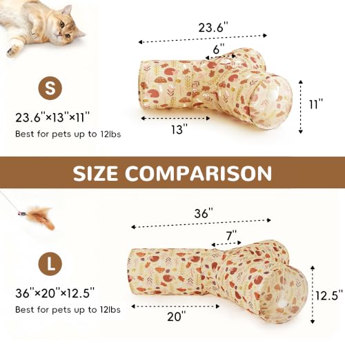 Image of Tempcore Cat Tunnel, 3-Way Collapsible Toy, Large Size Khaki Hedgehog | Large Size 3-Way Cat Tunnel Provides More Room for Cats to Run, Hide and Chase, with Peek Holes, Hanging Ball and Teaser Wand
