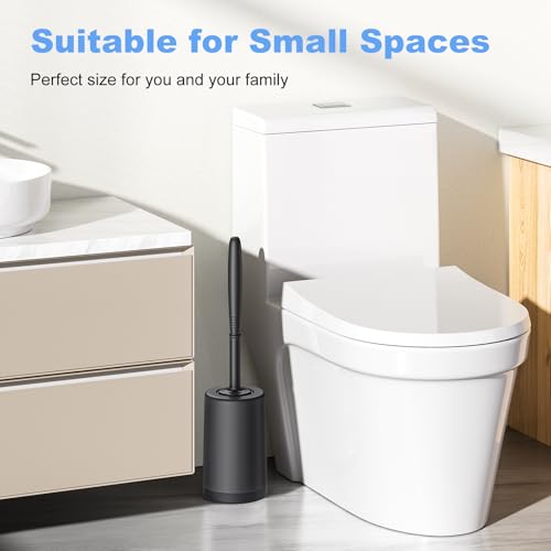 Image of HAMITOR Toilet Bowl Brush Holder Set: Curved Design with Holder for Deep Cleaning Under Rim - Compact Hidden Scrubber for Small Space - Modern RV Bathroom Accessories - Black
