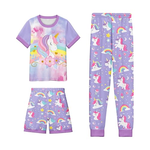 LQSZ Girls Pajamas Short Sleeve Toddler Girl Summer Pajamas 3 Piece Pjs Set Sleepwear for Girls 3-10 Years