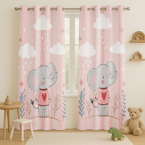 Image of STITCHNEST Velvet Kids Curtains Pack of 1 | Pink Elephant Cartoon Print | Semi Blackout Curtains for Nursery, Baby Girl & Toddler Room | 7 Feet