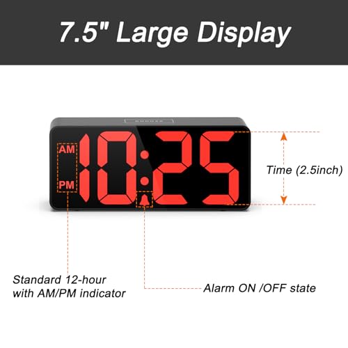 Image of Welgo 7.5 Inches Oversized Digital Alarm Clock for Visually Impaired | 0-100% dimmer, large easy-read numbers, adjustable volume, USB charging port, snooze, outlet-powered for bedroom