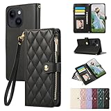 Rosbtib 用の iPhone 14 ケース 手帳型 財布型 カバー iPhone 13 ケース 手帳型 おしゃれ ファスナー型 小銭入れ カード収納 携帯カバー アイフォン14 ケースカバー エレガント チェック柄 刺繍 いphone14 ケース 高級PUレザー 肌触り良い ストラップ付き iphone14 スマホケース マグネット式開閉式 スタンド機能 全面保護 (ブラック)
