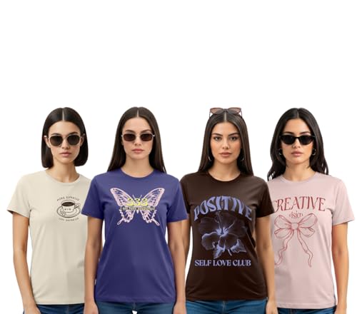 Image of Cotton Blend Regular Fit Half Sleeve Printed Round Neck Multicolor Drop Shoulder T-Shirt for Womens & Girls (Pack of 4)