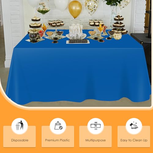 Image of tujol Blue Disposable Plastic Table Cloth Roll 54 inch X 100', Plastic Table Cover with Cutter Box, Cut to Size Disposable Tablecloth for Parties