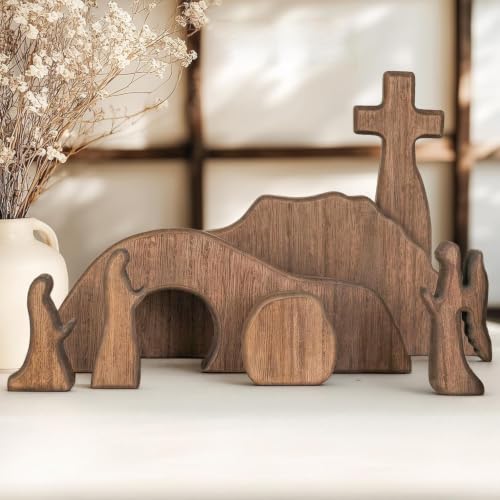 Image of NEROSUN Empty Tomb Easter Scene and Cross Decoration, Wooden Jesus Resurrection Nativity Set, Religious Christian Tabletop Decor for Home Office Christian
