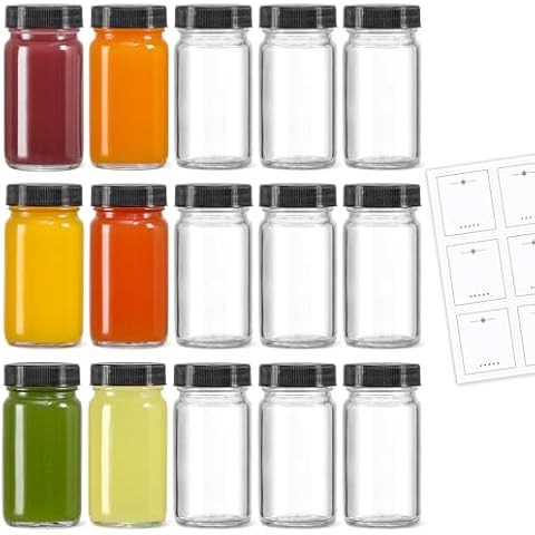 15 Pack Mini Glass Shot Bottles with Labels Cover