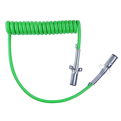 Ailbiuko 7 Way Coiled Cord 15 FT Green ABS Electrical Power Cords Coil Pigtail Power Wire Heavy Duty Cable for Semi Truck Trailer Tractors