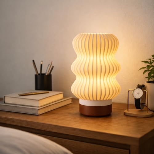 Image of Wavey Mini Table Lamp Modern Wavy Design Bedside Night Lamp, Warm White Glow, 5W Plug-in Decorative Lamp for Bedroom & Home Decor (Brown)