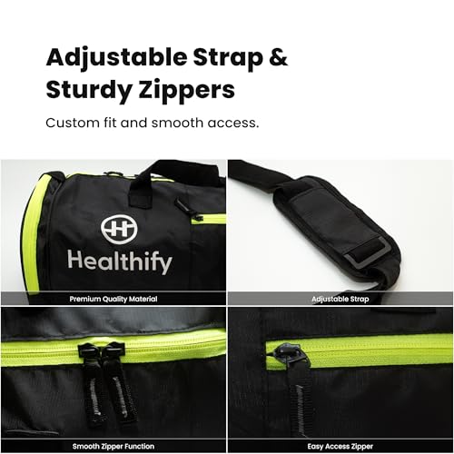 Image of HealthifyMe Gym Bag for Men & Women with Seperate Shoe Compatment, Water-Resistent Duffel Travel Bag, Adjustable Shoulder Bag for Gym Workout, Wet Pocket, Premium Unisex Sports Bag for Towel, Bottle