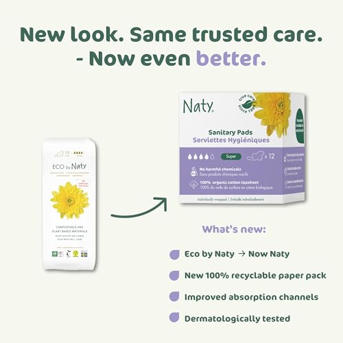 Image of Naty Sanitary Pads for Women with Wings, Super Absorbency, 12 Count | 100% Organic Cotton top Sheet, Certified Skin-Safe for Periods, Unscented, Comfortable & Breathable