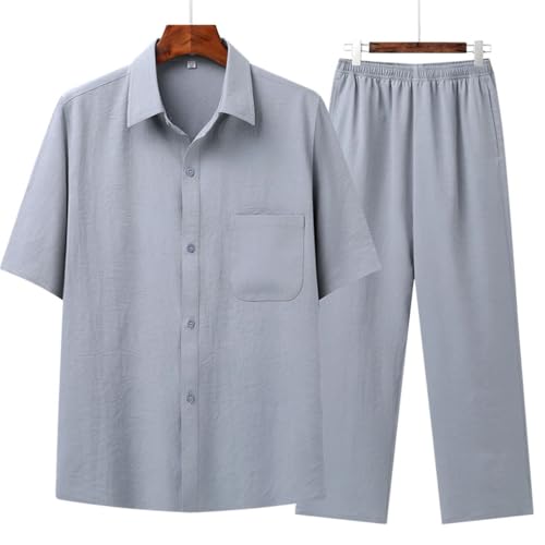 Men's Suit Set (Top + Pants) Solid Color Silk Loose Half Sleeve Casual Shirt Suit3