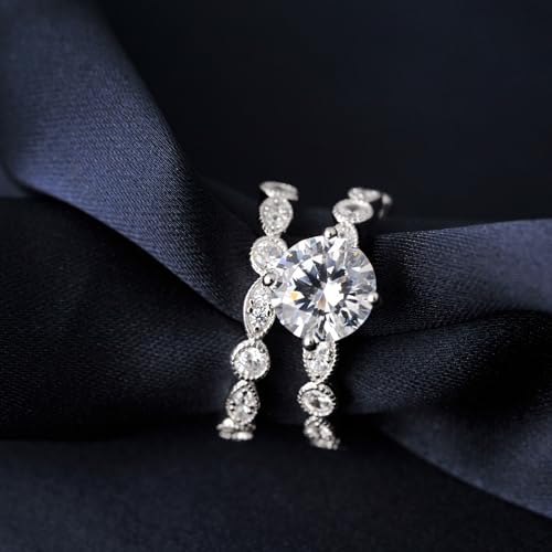 2CT Solitaire Cubic Zirconia Promise Engagement Ring For Women 925 Sterling Silver, Simulated Diamond 14k White Gold Plated CZ Stackable Rings For Her, Marquise Wedding Band Bridal Ring Set3