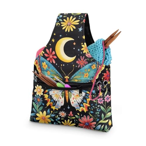 LVEWYB Vintage Butterfly Floral Crochet Bag and Tote with Large-Capacity Storage Pockets for Knitting,Crochet Supplies Carrying Bag for Crochet Hooks and Yarn