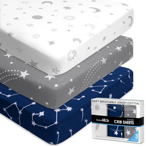 Image of Fitted Unisex Crib Sheets (3 Pack) by GROW WILD - Jersey Knit Cotton Crib Sheets for Boys or Girls, 52” x 28” x 9” Crib Bedding Set (Moon, Stars and Constellation)