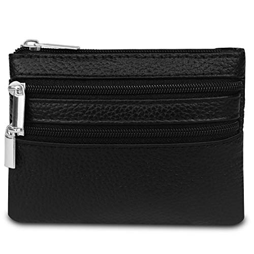 Bioasis Cartera Monedero Pequeñas Piel Genuino Slim Portatarjetas Mini Cremallera con Ilavero para Mujer Hombre, Negro