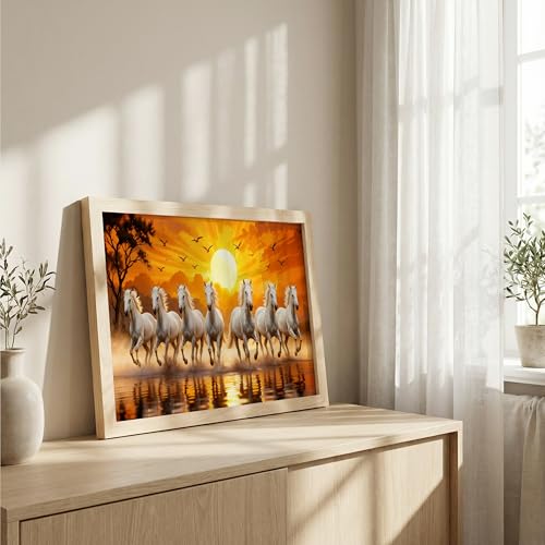 Image of Suneree 7 White Horse Vastu Wall Painting - Running Horses Sunset Landscape Framed Wall Art for Living Room & Office Decor (Natural, Design 02, 13x19 Inch)