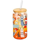 Fenmshairy Alpaca Llama Drinking Glass Cup 16 Oz with Bamboo Lid and Straws, Iced Coffee Beer Cocktail Glass Tumbler, Holiday Christmas Birthday Gift for Dad Mom Sister Friends Bestie