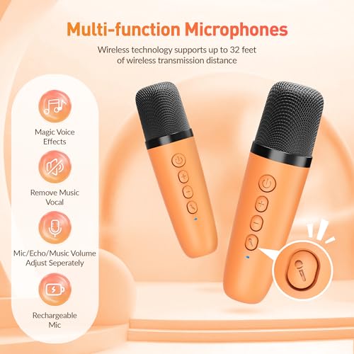 Image of Karaoke Machine for Kids Adults: Mini Portable Karaoke Machine with 2 Wireless Microphones and Lights, Christmas Birthday Gifts for Girls Boys Family Home Party(Orange)