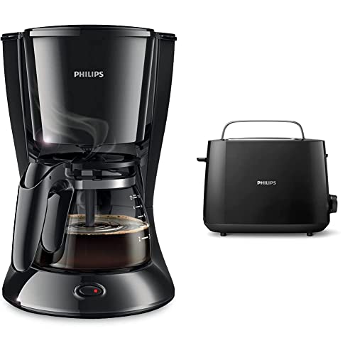 Philips HD7432/20 Cafetière Daily Mini Noir 640-760 W Aroma Swirl & HD2581/90 Grille-pain Daily Collection, 8 réglages, Access, réchauffe-viennoiseries intégré, Design compact - Noir