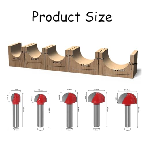 5-Stück 8mm Schaft Hartmetall Router Cutter Hohlraum Cutter Runde Nase Cove Core Box Cutter Kugelschneider Holzbearbeitung Cutter für 12mm/16mm/19mm/22mm/25.4mm