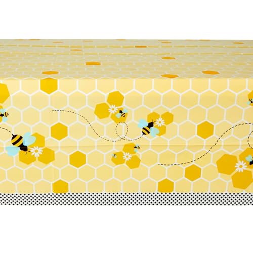 Image of BLUE PANDA Bee Tablecloth Set 3-Pack - 54 x 108 in Multicolor Plastic - Disposable Bee Party Supplies Table Cover for Birthday, Baby Shower & Gender Reveal - Bumblebee Honeycomb Party Decorations