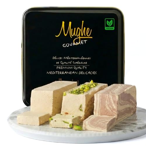 Mughe Gourmet Halvah Assortment 1.88lb (850g) Tin Gift Box - 3 Delicious Vegan Marble Tahini Halvah Bars Pistachio, Cocoa, Vanilla -Flaky Turkish Halawa Gifts- Perfect Gifts for Birthdays, Fathers Day