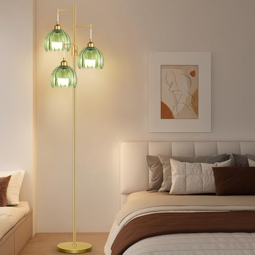 Image of ZECOXOL Dimmable Floor Lamps for Living Room-3 Light Gold Floor Lamp with Three Bulbs & Glass Lampshape, Mid Century Modern Standing Lamp Tree Tall Flower Floor Lamp for Bedroom Living Room,Corner