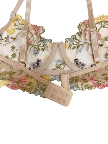 Image of Lilosy Sexy Leaf Floral Embroidered Mesh Sheer Women Underwire Push Up Lingerie Set