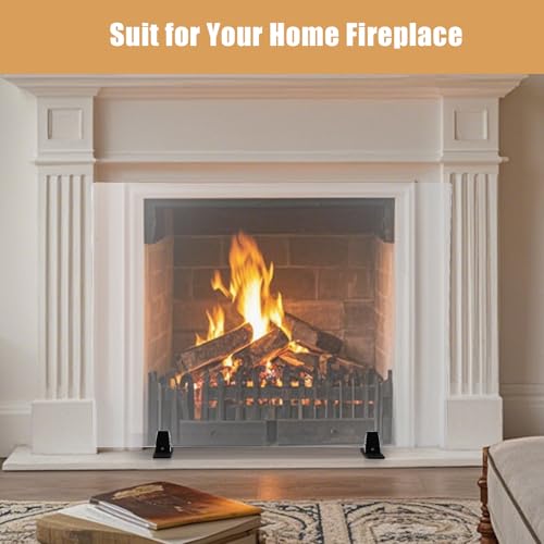 Premium 26" x 36" Clear Tempered Glass Fireplace Screen, Metal Black Base, Freestanding Spark Guard