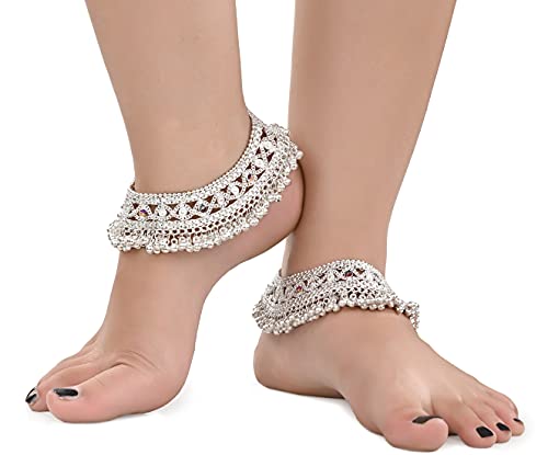 Indian Traditional Ethnic Classic White Metal Anklet Pair Silver Bracelet For Women Payal For Girls Kolusu For Girls Anklets For Women Stylish Payal For Women Stylish Oxidised Anklet For Women By Indian Collectible #TOP2