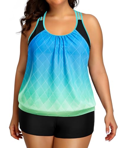 Image of Womens Plus Size Tankini Swimsuit Two Piece Tummy Control Bathing Suit | Blouson Racerback Tankini Top with Shorts, Double Up Design, Removable Pad