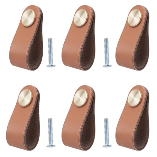 BOOLSFMAM 6 maniglie in pelle per mobili, 6,4 x 2,5 cm, fatte a mano, per mobili, in pelle, per cassetti, armadi da cucina, guardaroba